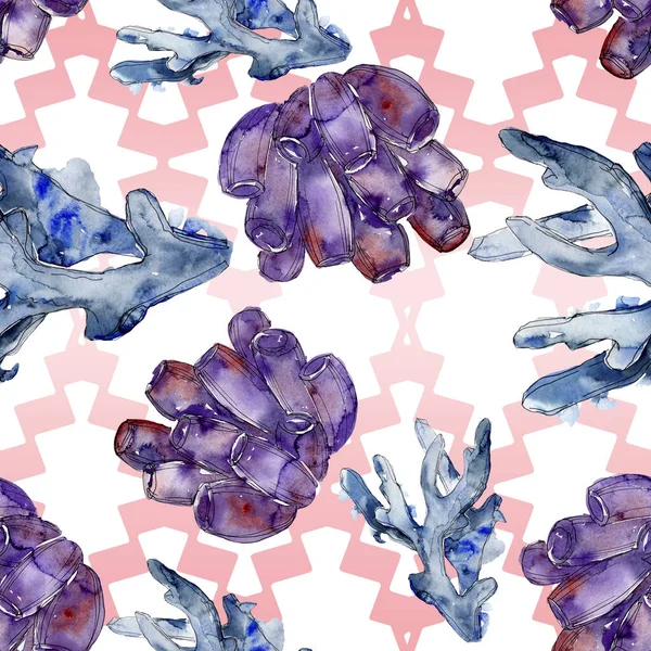 Renkli su sualtı doğa mercan kayalığı. Suluboya arka plan illüstrasyon küme. Sorunsuz arka plan deseni.