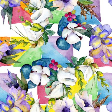 Buket çiçek botanik çiçekler. Suluboya arka plan illüstrasyon küme. Sorunsuz arka plan deseni.