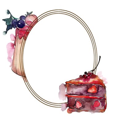 Suluboya tarzı gıda lezzetli kek ve çörek. Suluboya backgriund illüstrasyon seti. Çerçeve kenarlık süs karesi.