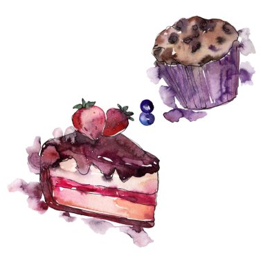 Lezzetli pasta ve çörek suluboya tarzında. Arka plan illüstrasyon ayarlayın. Suluboya çizim moda aquarelle izole.