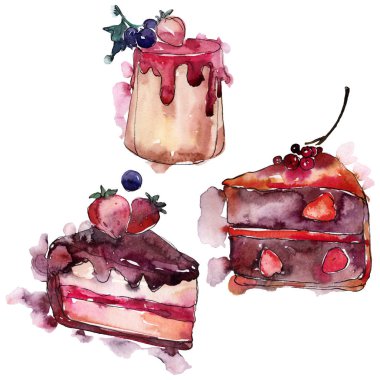 Lezzetli pasta ve çörek suluboya tarzında. Arka plan illüstrasyon ayarlayın. Suluboya çizim moda aquarelle izole.