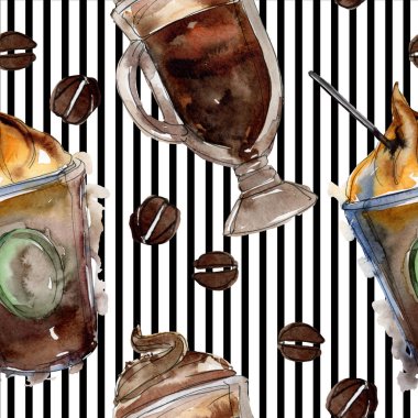 Sıcak ve soğuk kahve içecekleri. Suluboya arka plan illüstrasyon seti. Kesintisiz arka plan deseni.