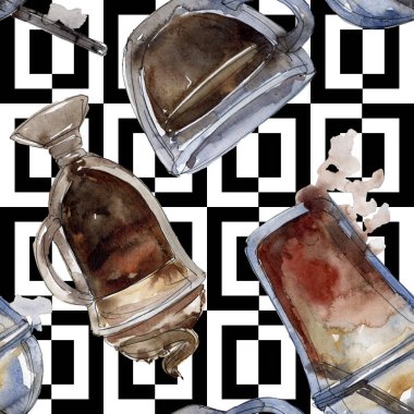 Sıcak ve soğuk kahve içecekleri. Suluboya arka plan illüstrasyon seti. Kesintisiz arka plan deseni.