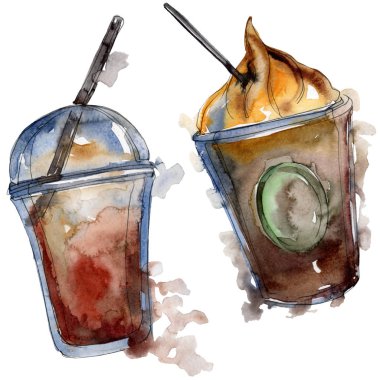 Sıcak ve soğuk kahve içecekleri. Suluboya arka plan illüstrasyon seti. İzole içecekler illüstrasyon elemanı.