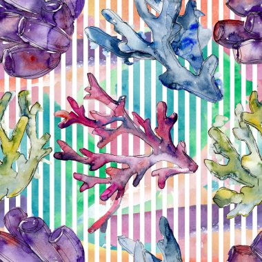 Renkli su sualtı doğa mercan kayalığı. Suluboya arka plan illüstrasyon küme. Sorunsuz arka plan deseni.