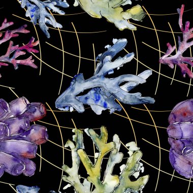 Renkli su sualtı doğa mercan kayalığı. Suluboya arka plan illüstrasyon küme. Sorunsuz arka plan deseni.