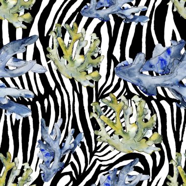 Renkli su sualtı doğa mercan kayalığı. Suluboya arka plan illüstrasyon küme. Sorunsuz arka plan deseni.