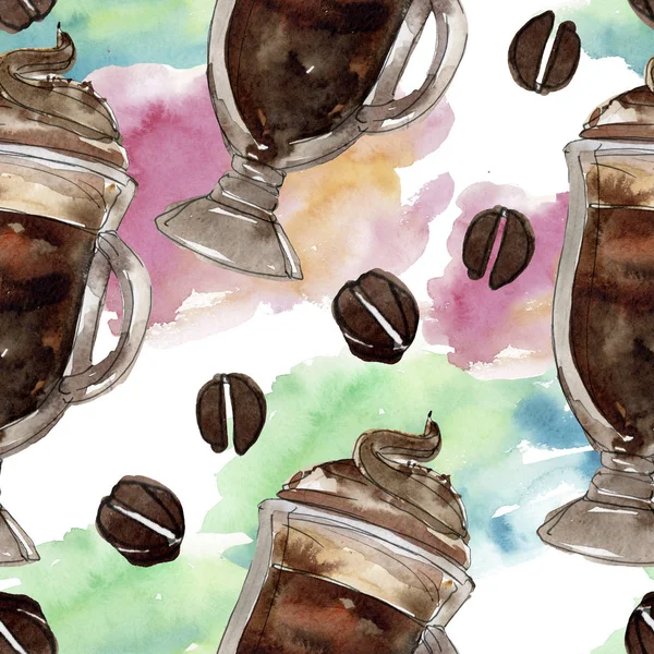 Bebidas de café quentes e frias. Conjunto de ilustração de fundo aquarela. Padrão de fundo sem costura . — Fotografia de Stock