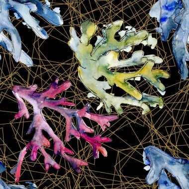 Renkli su sualtı doğa mercan kayalığı. Suluboya arka plan illüstrasyon küme. Sorunsuz arka plan deseni.