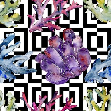 Renkli su sualtı doğa mercan kayalığı. Suluboya arka plan illüstrasyon küme. Sorunsuz arka plan deseni.