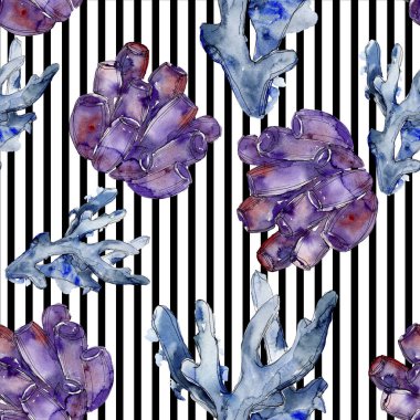 Renkli su sualtı doğa mercan kayalığı. Suluboya arka plan illüstrasyon küme. Sorunsuz arka plan deseni.