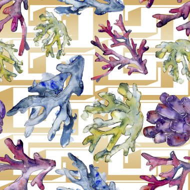 Renkli su sualtı doğa mercan kayalığı. Suluboya arka plan illüstrasyon küme. Sorunsuz arka plan deseni.