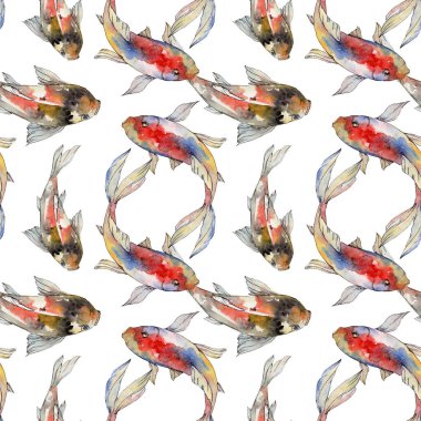 Su altı sualtı renkli tropikal japon balığı seti. Suluboya arka plan illüstrasyon seti. Kesintisiz arka plan deseni.