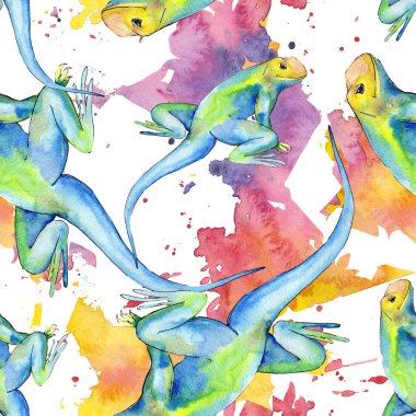 Egzotik iguana vahşi hayvan. Suluboya arka plan illüstrasyon seti. Kesintisiz arka plan deseni.