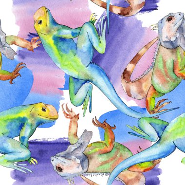 Egzotik iguana vahşi hayvan. Suluboya arka plan illüstrasyon seti. Kesintisiz arka plan deseni.