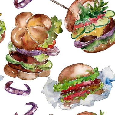 Hamburger fast food izole. Suluboya arka plan illüstrasyon seti. Dikişsiz arka zemin deseni.