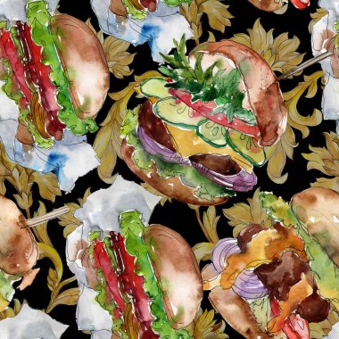 Hamburger fast food izole. Suluboya arka plan illüstrasyon seti. Dikişsiz arka zemin deseni.