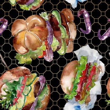 Hamburger fast food izole. Suluboya arka plan illüstrasyon seti. Dikişsiz arka zemin deseni.