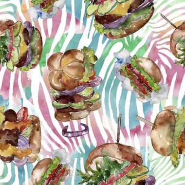 Hamburger fast food izole. Suluboya arka plan illüstrasyon seti. Dikişsiz arka zemin deseni.