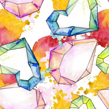 Renkli elmas kaya takı mineral. Suluboya arka plan illüstrasyon seti. Kesintisiz arka plan deseni.