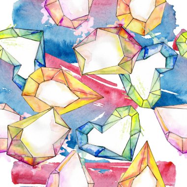 Renkli elmas kaya takı mineral. Suluboya arka plan illüstrasyon seti. Kesintisiz arka plan deseni.