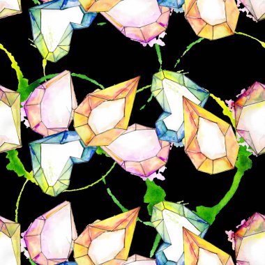 Renkli elmas kaya takı mineral. Suluboya arka plan illüstrasyon seti. Kesintisiz arka plan deseni.