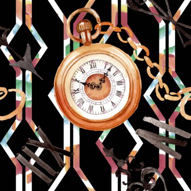 Vintage eski saat cep saati. Suluboya arka plan illüstrasyon seti. Kesintisiz arka plan deseni.