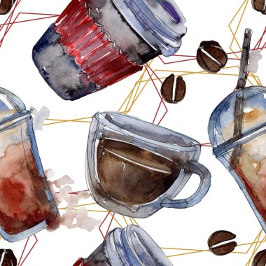 Sıcak ve soğuk kahve içecekleri. Suluboya arka plan illüstrasyon seti. Kesintisiz arka plan deseni.