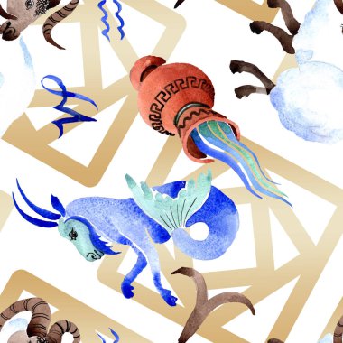 Burç burcu, astroloji sembolü. Suluboya illüstrasyon seti. Kesintisiz arka plan deseni.
