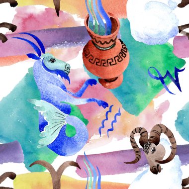 Burç burcu, astroloji sembolü. Suluboya illüstrasyon seti. Kesintisiz arka plan deseni.