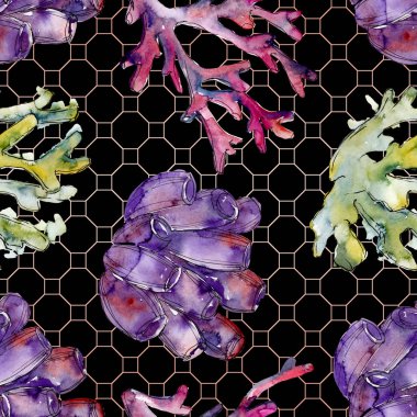 Renkli su sualtı doğa mercan kayalığı. Suluboya arka plan illüstrasyon küme. Sorunsuz arka plan deseni.