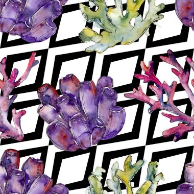 Renkli su sualtı doğa mercan kayalığı. Suluboya arka plan illüstrasyon küme. Sorunsuz arka plan deseni.