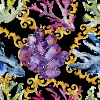 Renkli su sualtı doğa mercan kayalığı. Suluboya arka plan illüstrasyon küme. Sorunsuz arka plan deseni.