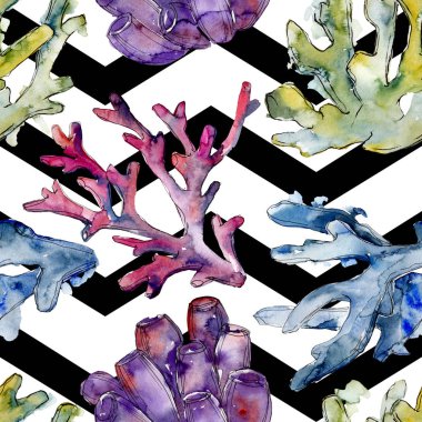 Renkli su sualtı doğa mercan kayalığı. Suluboya arka plan illüstrasyon küme. Sorunsuz arka plan deseni.