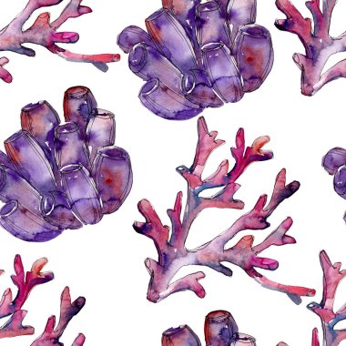 Renkli su sualtı doğa mercan kayalığı. Suluboya arka plan illüstrasyon küme. Sorunsuz arka plan deseni.