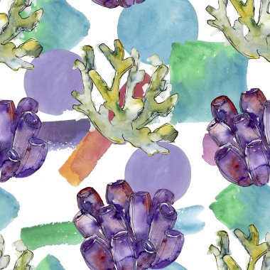 Renkli su sualtı doğa mercan kayalığı. Suluboya arka plan illüstrasyon küme. Sorunsuz arka plan deseni.