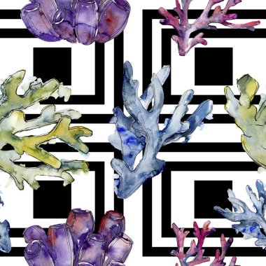 Renkli su sualtı doğa mercan kayalığı. Suluboya arka plan illüstrasyon küme. Sorunsuz arka plan deseni.