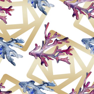 Renkli su sualtı doğa mercan kayalığı. Suluboya arka plan illüstrasyon küme. Sorunsuz arka plan deseni.