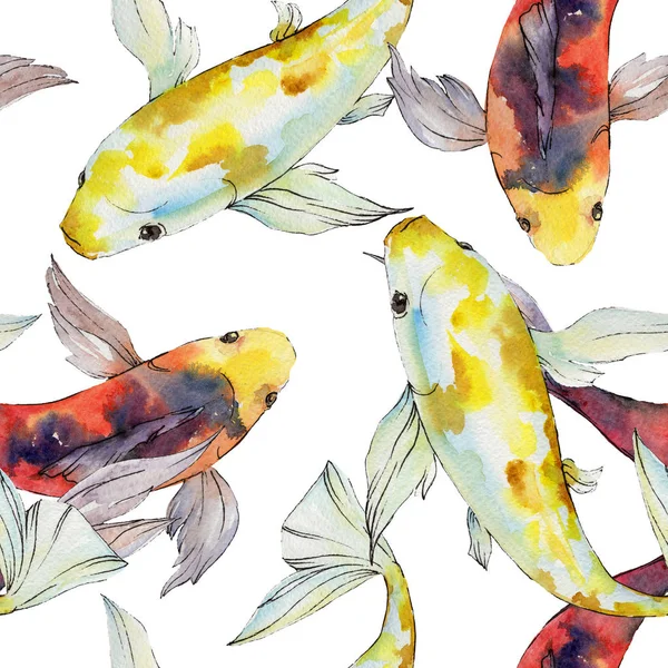 Aquático subaquático colorido tropical goldfish set. Conjunto de ilustração de fundo aquarela. Padrão de fundo sem costura . — Fotografia de Stock