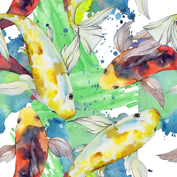 Aquatic underwater colorful tropical goldfish set. Watercolor background illustration set. Seamless background pattern. — Stock Photo, Image