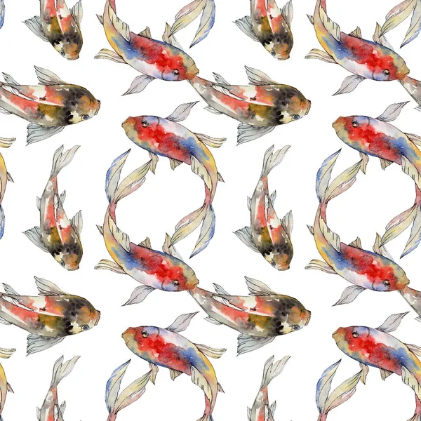 Aquatic underwater colorful tropical goldfish set. Watercolor background illustration set. Seamless background pattern. — Stock Photo, Image