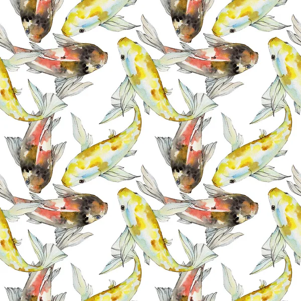 Aquatic underwater colorful tropical goldfish set. Watercolor background illustration set. Seamless background pattern. — Stock Photo, Image
