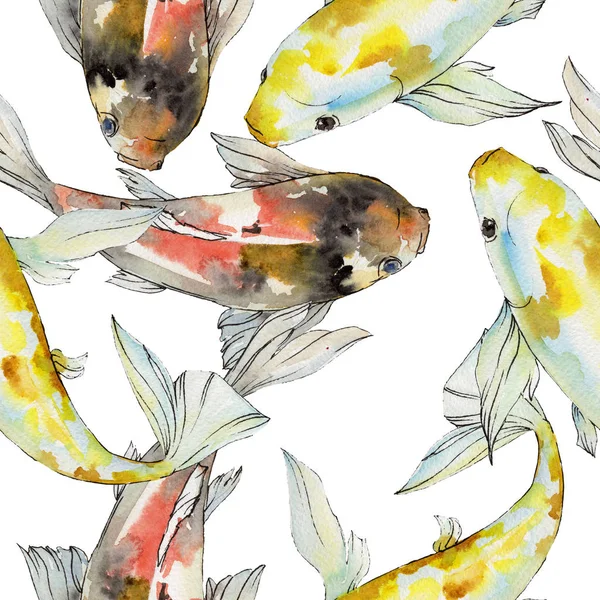 Aquatic underwater colorful tropical goldfish set. Watercolor background illustration set. Seamless background pattern. — Stock Photo, Image