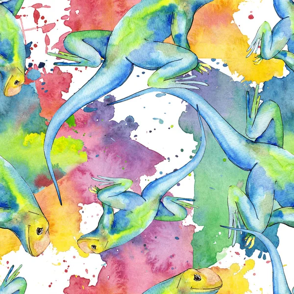 Exotiska Iguana vilda djur. Akvarell bakgrund illustration uppsättning. Sömlöst bakgrundsmönster. — Stockfoto
