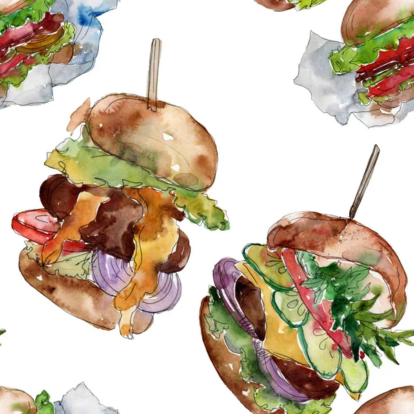 Hamburger Fast Food geïsoleerd. Aquarel achtergrond illustratie instellen. Naadloos terug grond patroon. — Stockfoto