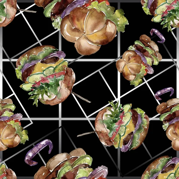 汉堡快餐隔离。水彩背景插图集。无缝的后地面模式. — 图库照片