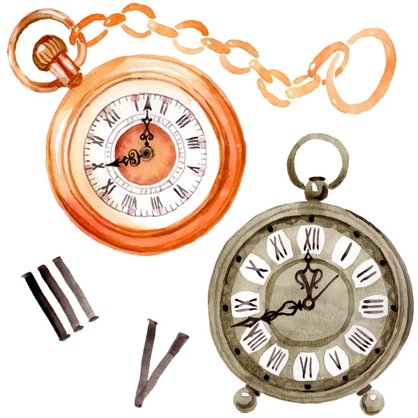 Relógio de bolso antigo. Conjunto de ilustração de fundo aquarela. Relógios isolados elemento ilustrativo . — Fotografia de Stock