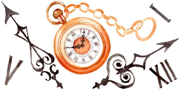 빈티지 오래 된 시계 포켓 시계입니다. 수채화 배경 일러스트 세트입니다. 격리된 시계 일러스트 요소. — 스톡 사진