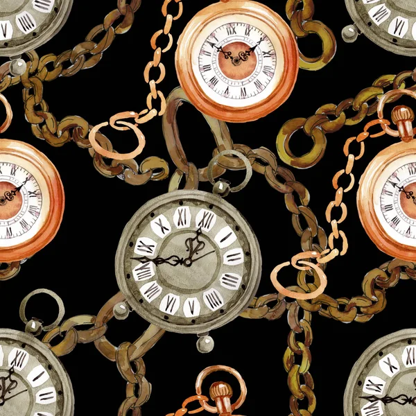 Reloj de bolsillo antiguo vintage. Conjunto de ilustración de fondo acuarela. Patrón de fondo sin costuras . — Foto de Stock
