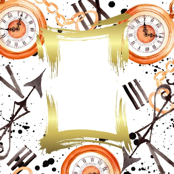 Reloj de bolsillo antiguo vintage. Conjunto de ilustración de fondo acuarela. Marco borde ornamento cuadrado . — Foto de Stock